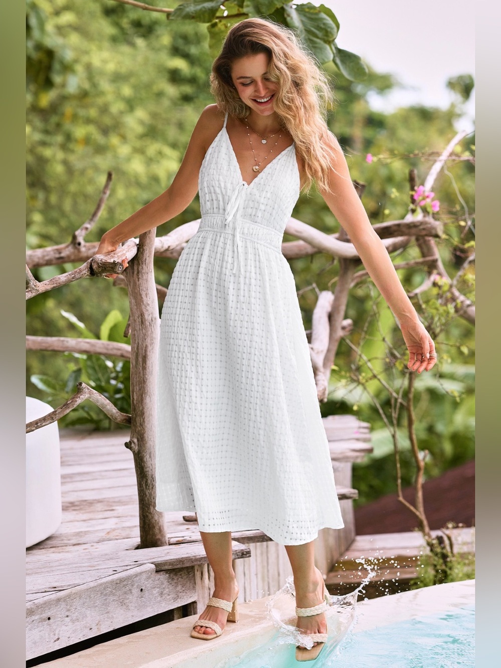 White Windowpane Textured Spaghetti Strap Midi Dress
